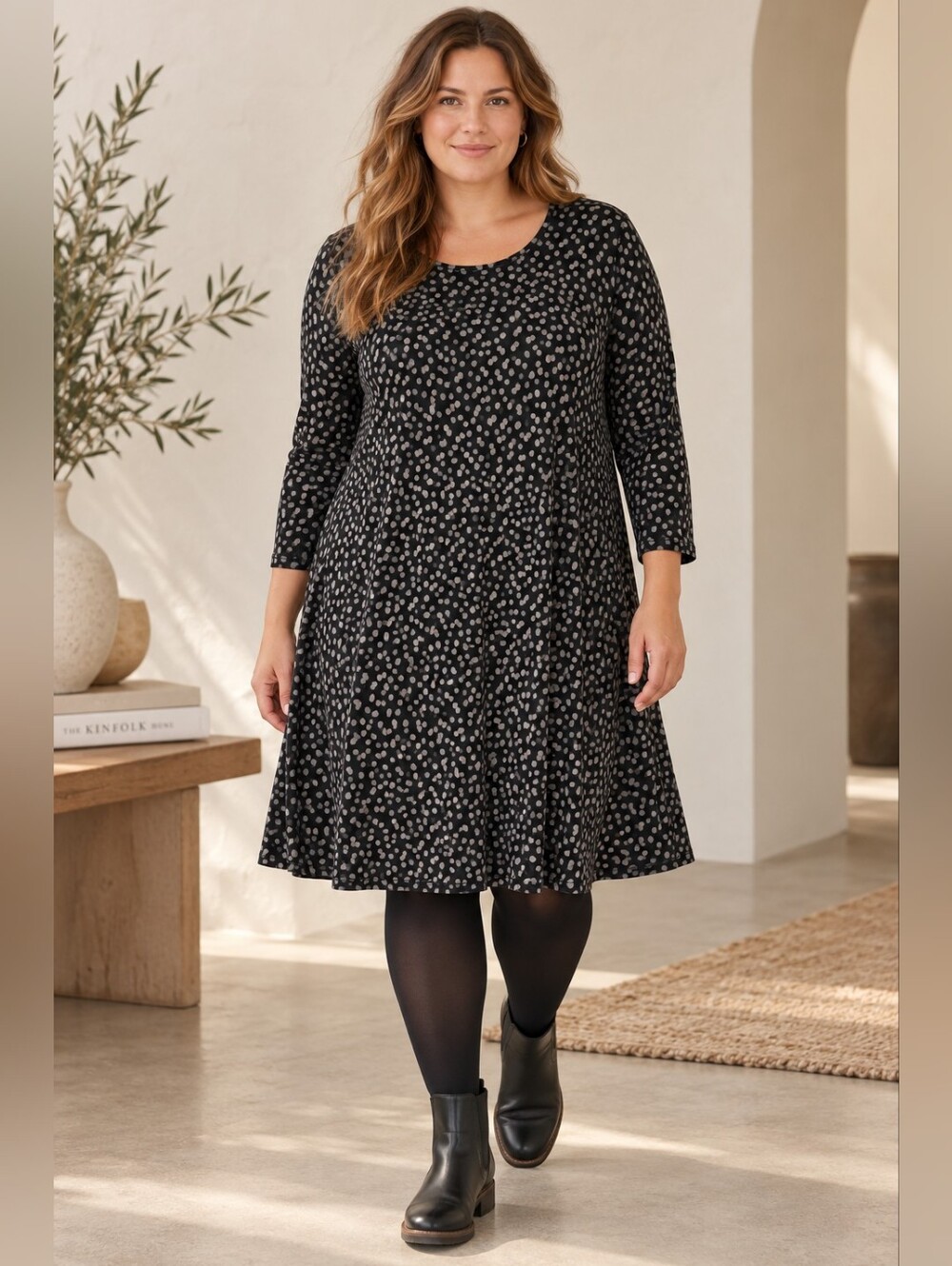 Gudrun Sjoden Melodie Dress L Black Gray Dot Organic Cotton Jersey A-Line Pocket